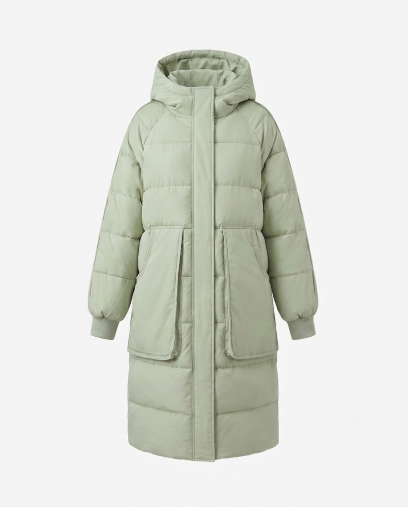 Dam Longer Vadderad med Huva Kappa med Oversize Patch Fickor, Elastic Muddar, och Dold Two-Way Dragkedja