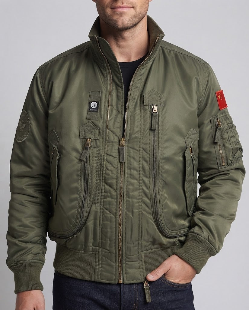 Herr pilot bomberjacka i funktion look med vertikala front fickor med dragkedja