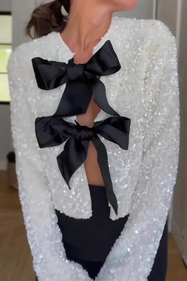 | Options Till Celebrate, Tie Front Bow Sequin Jacka