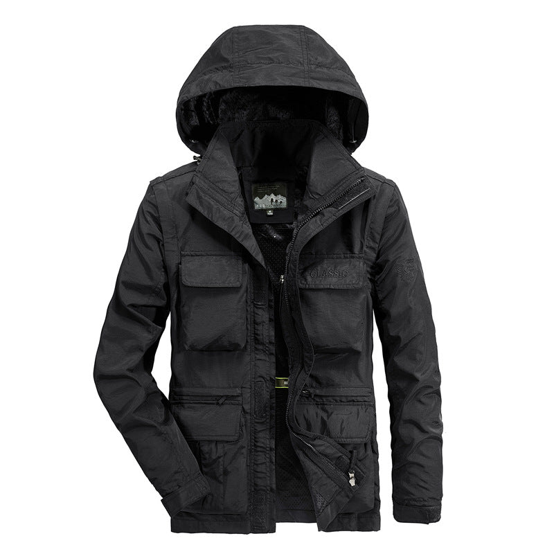 Herr Lätt Fält Parka med Huva, Multifunction Fickor, och Andningsbar Mesh Foder