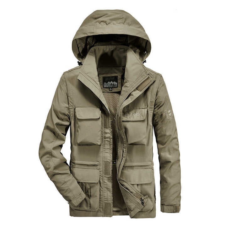 Herr Lätt Fält Parka med Huva, Multifunction Fickor, och Andningsbar Mesh Foder