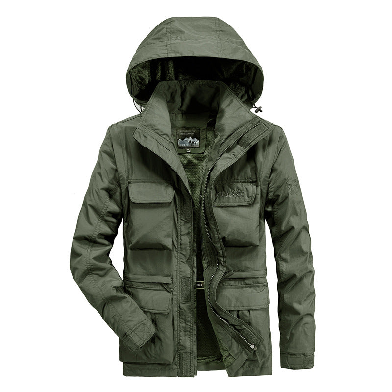 Herr Lätt Fält Parka med Huva, Multifunction Fickor, och Andningsbar Mesh Foder