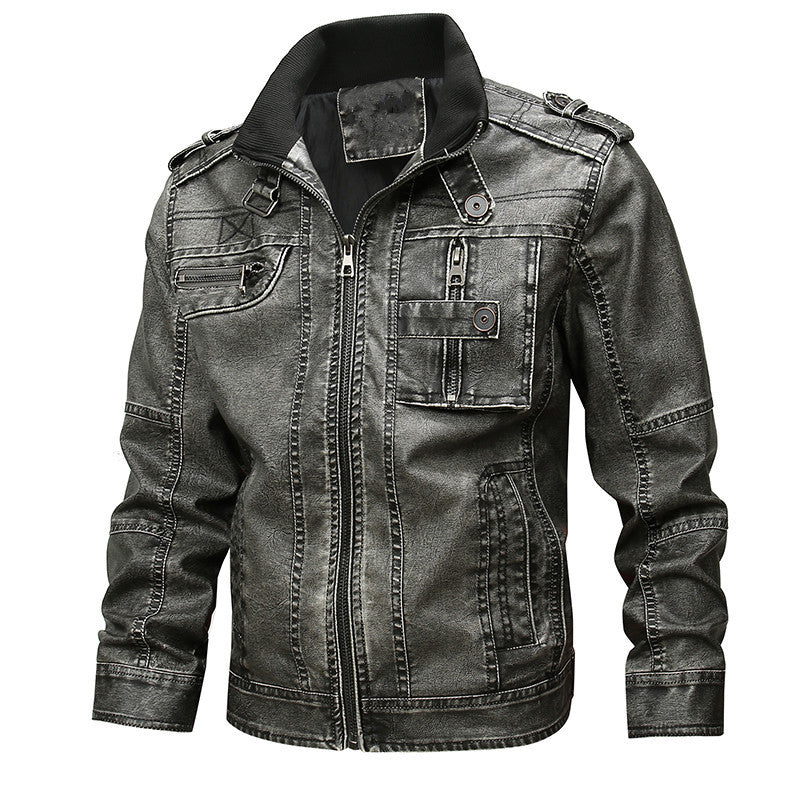 Herr vintage-inspired bikerjacka i läderlook med funktion fickor och ståkrage