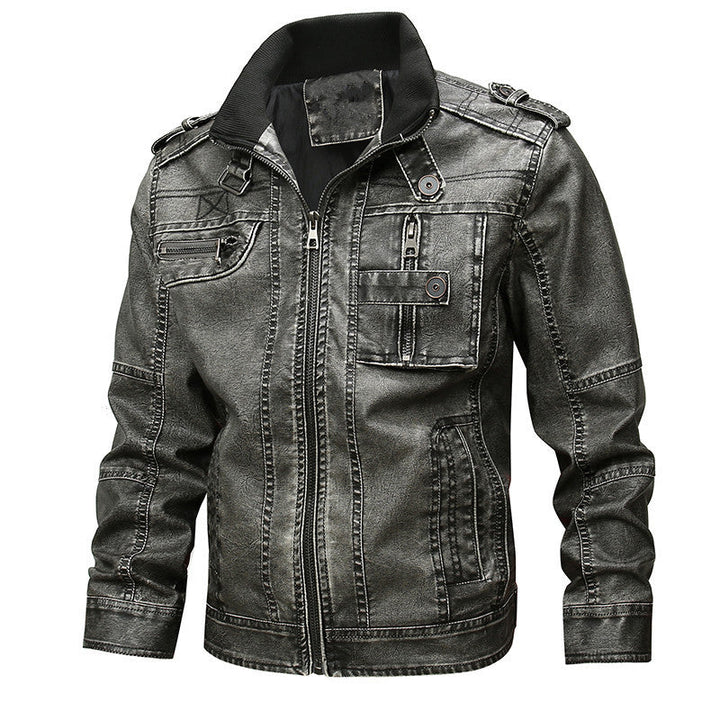 Herr vintage-inspired bikerjacka i läderlook med funktion fickor och ståkrage