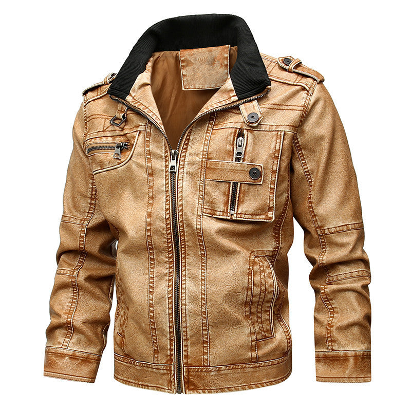 Herr vintage-inspired bikerjacka i läderlook med funktion fickor och ståkrage