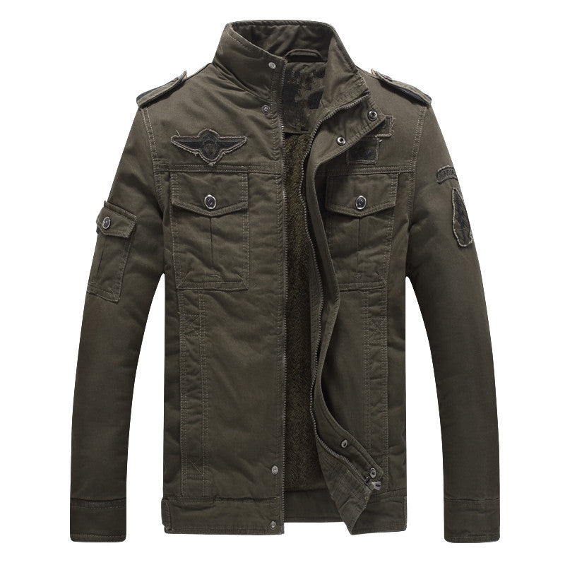 Herr military-inspired fältjacka med teddyfoder och flerafunction fickor