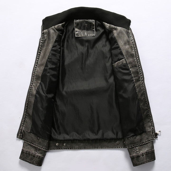 Herr vintage-inspired bikerjacka i läderlook med funktion fickor och ståkrage