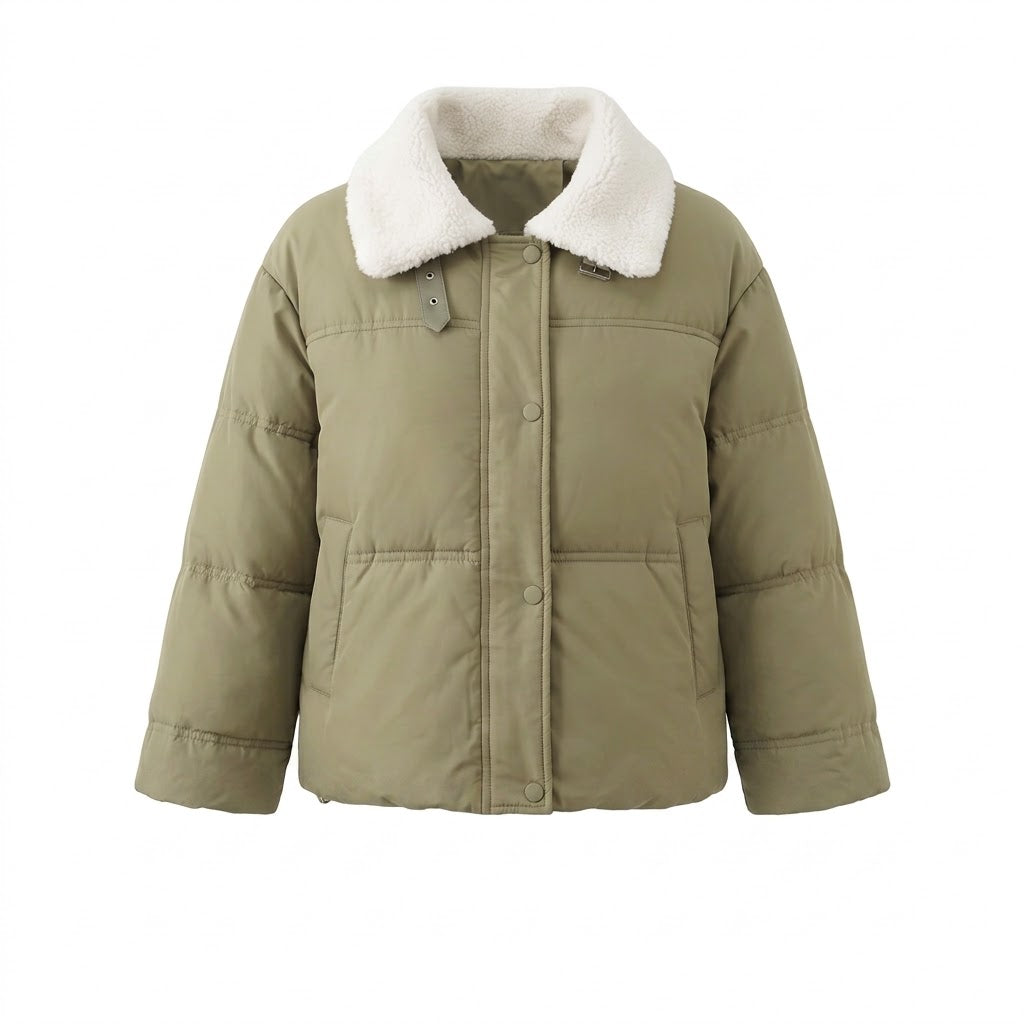 Dam Kort Vadderad Puffer med Teddy Krage, Dold Tryckknapp Knapp Knäppning och Travel Insulation