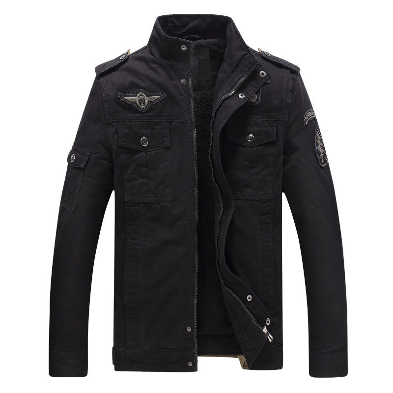 Herr military-inspired fältjacka med teddyfoder och flerafunction fickor