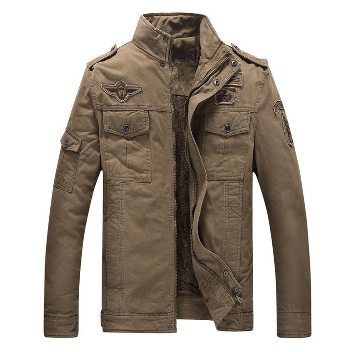 Herr military-inspired fältjacka med teddyfoder och flerafunction fickor