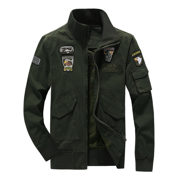 Herr Militär Inspirerad fältjacka med Emblem Patchar och ståkrage