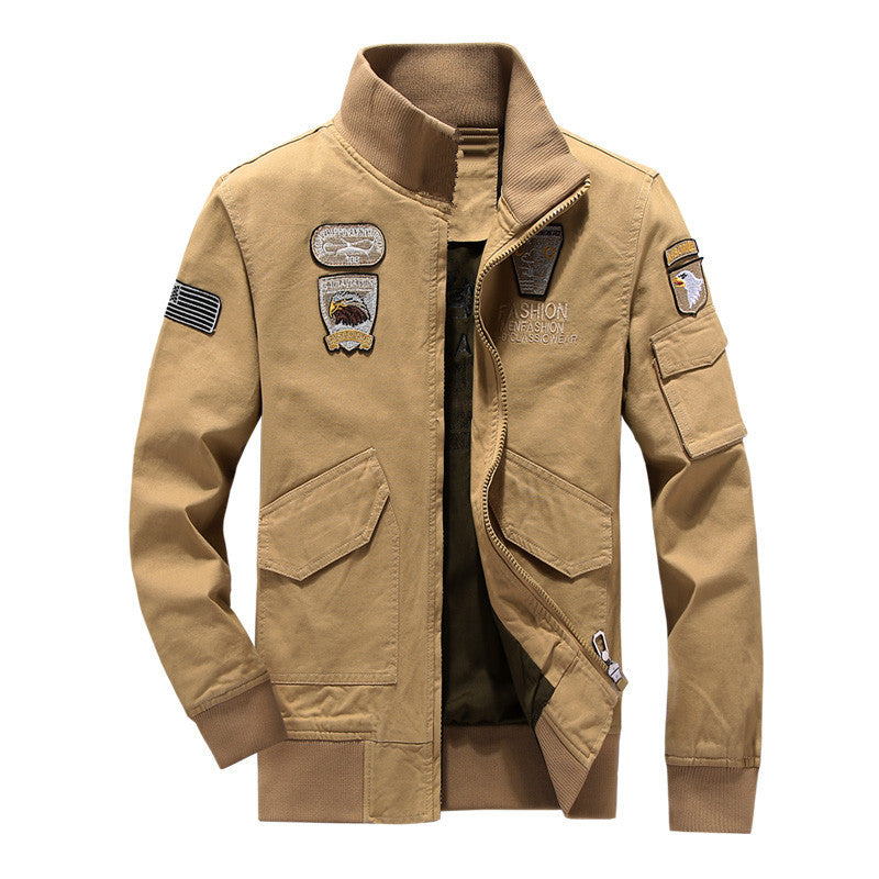Herr Militär Inspirerad fältjacka med Emblem Patchar och ståkrage
