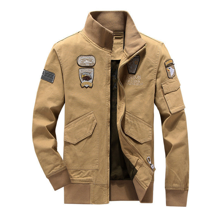 Herr Militär Inspirerad fältjacka med Emblem Patchar och ståkrage