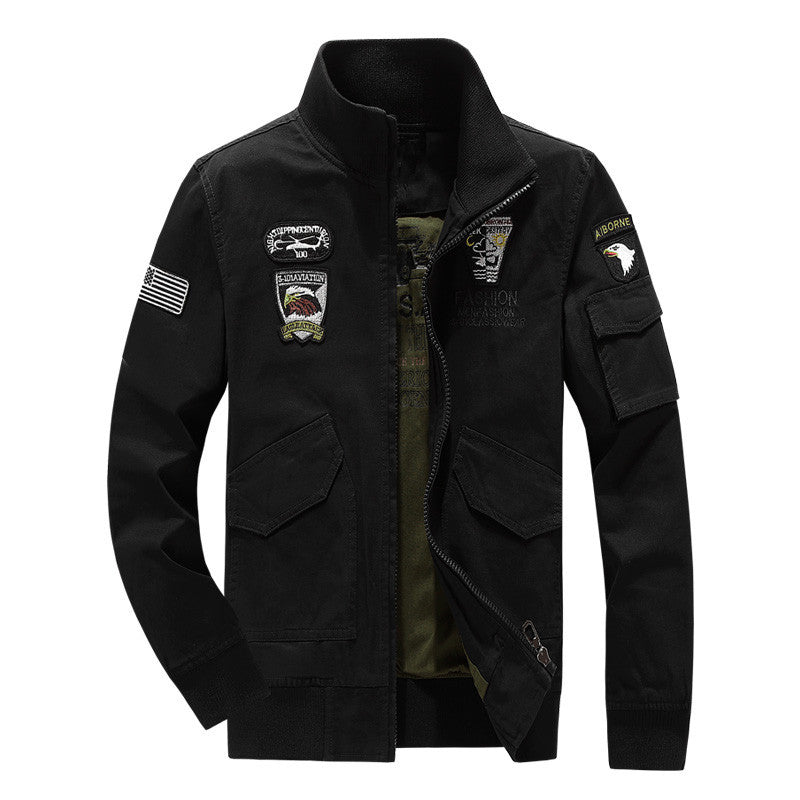 Herr Militär Inspirerad fältjacka med Emblem Patchar och ståkrage