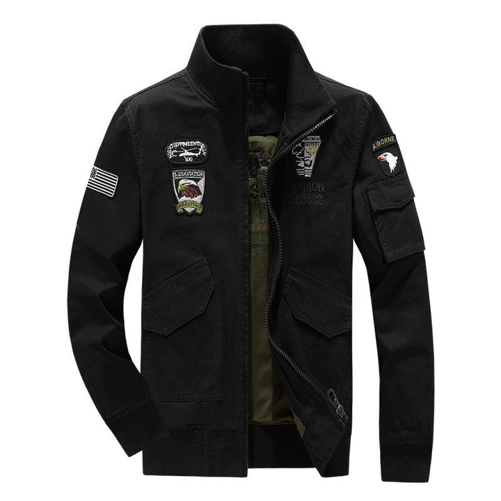 Herr Militär Inspirerad fältjacka med Emblem Patchar och ståkrage
