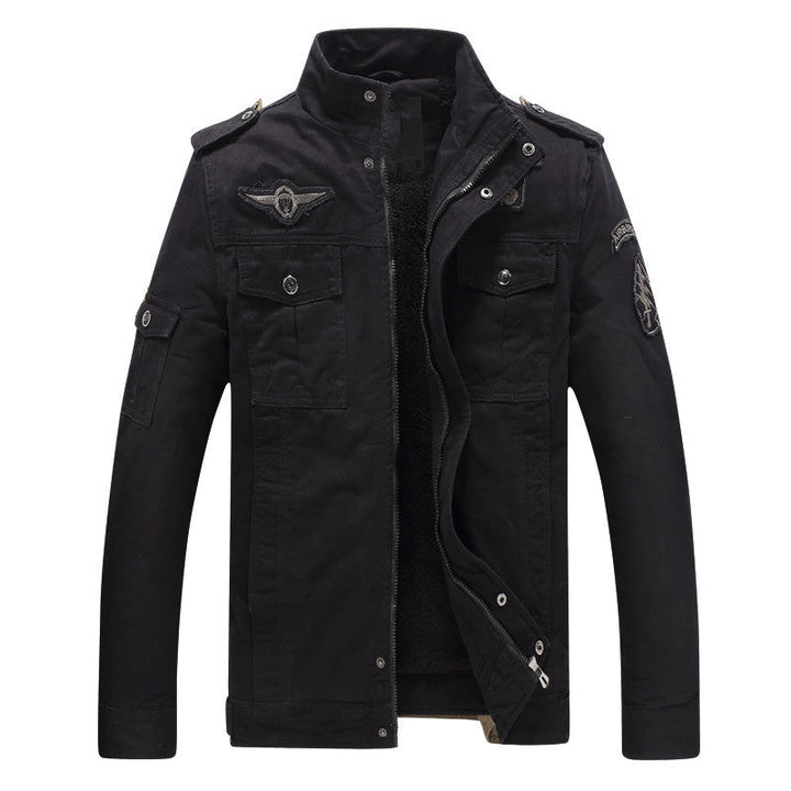Herr military-inspired fältjacka med teddyfoder och flerafunction fickor