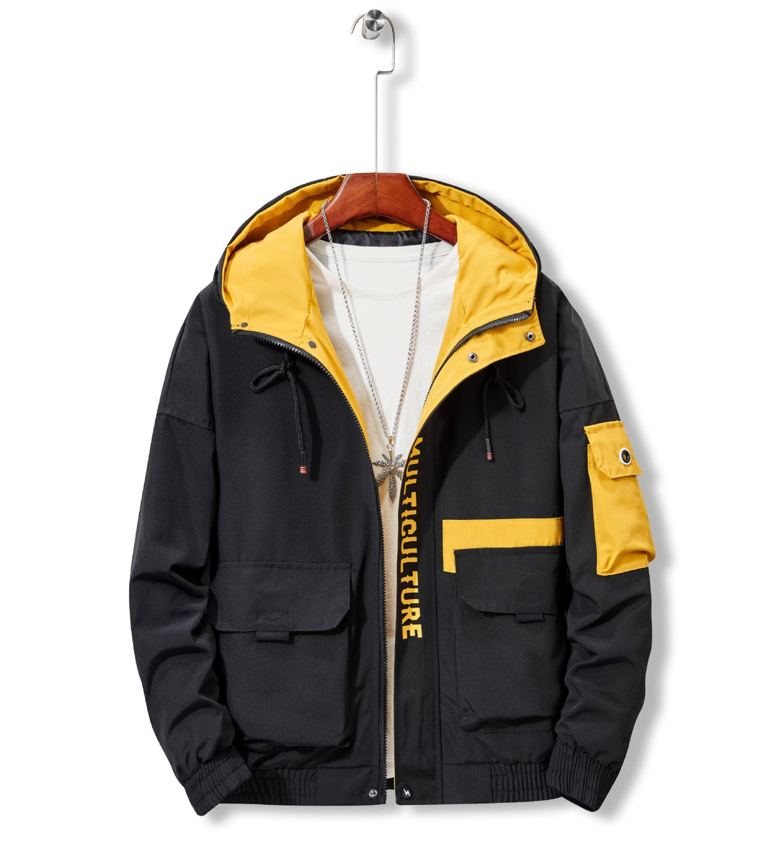 Herr Utility med Huva Shell Jacka med Multiple Fickor och Contrast Fodrad Huva