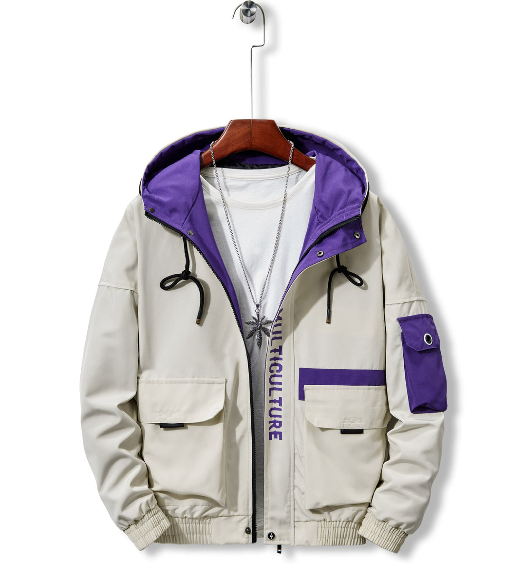 Herr Utility med Huva Shell Jacka med Multiple Fickor och Contrast Fodrad Huva