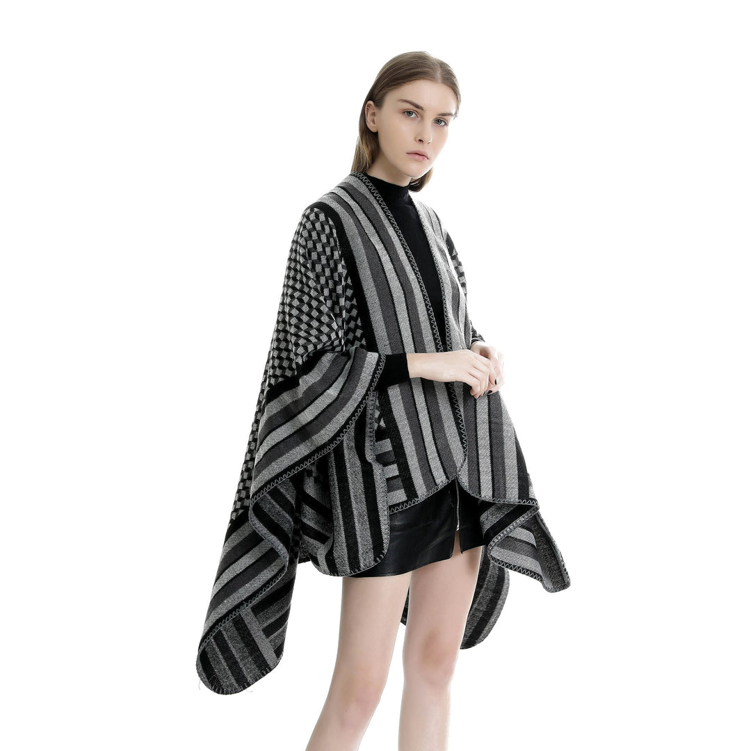 Dam jacquard woven ullblandning wrap med V-neck och graphic stripe relief