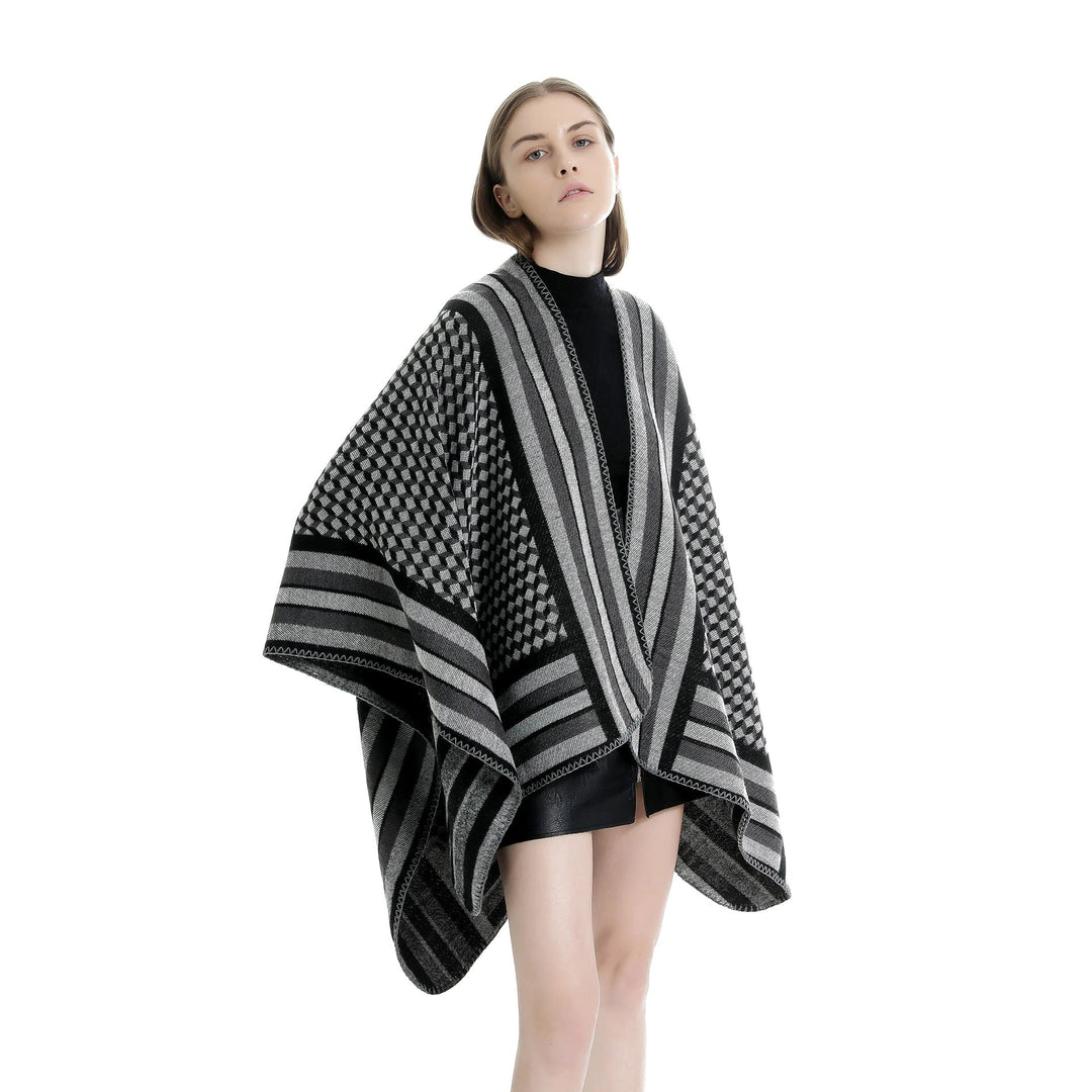 Dam jacquard woven ullblandning wrap med V-neck och graphic stripe relief