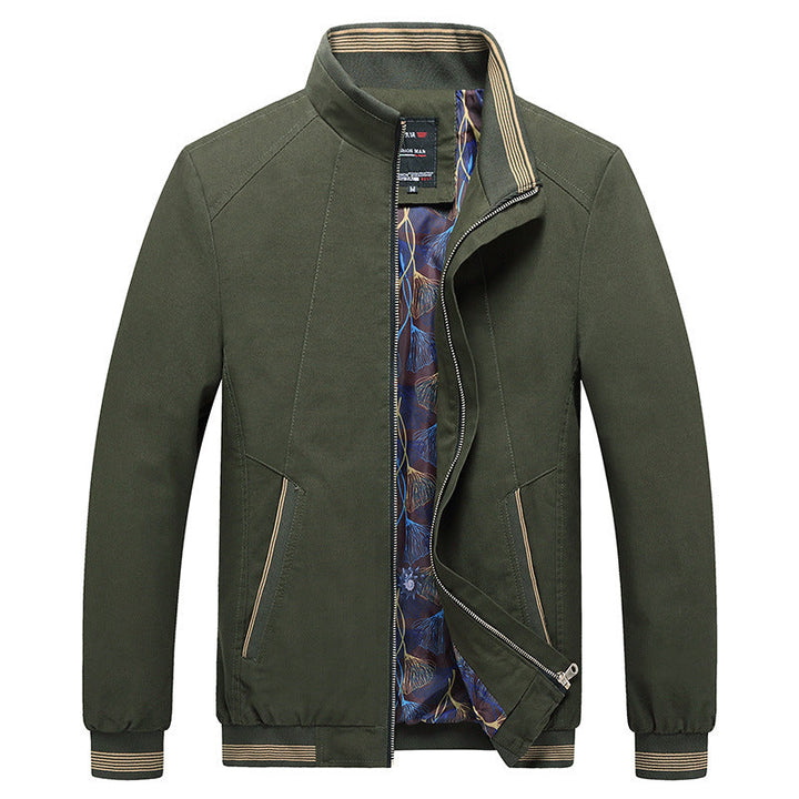 Herr Lätt Harrington Jacka med Ståkrage, Dold Dragkedja, Randig Ribbstickade Muddar &amp; Patterned Foder
