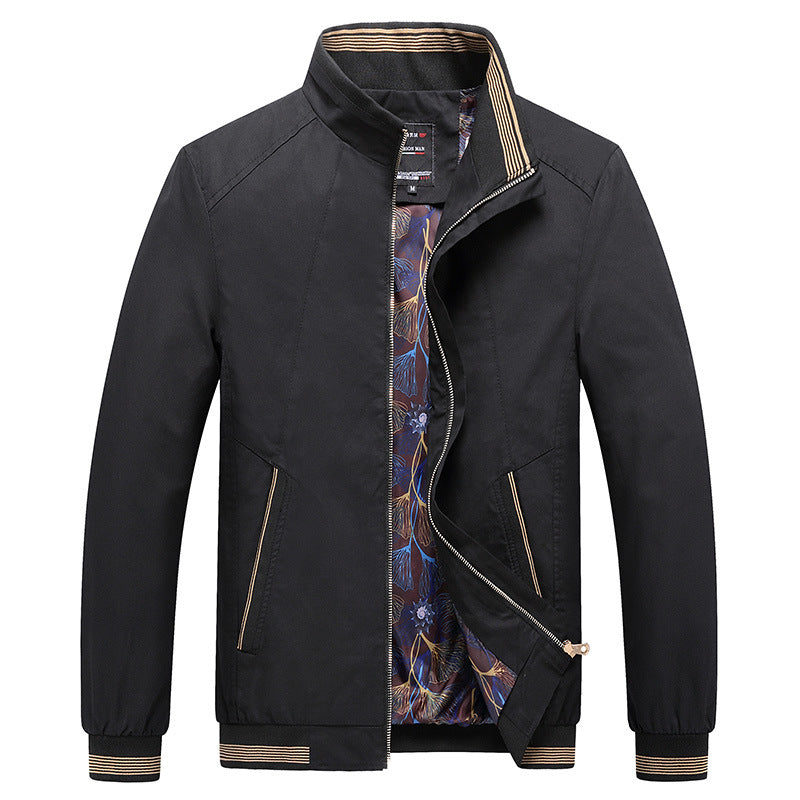 Herr Lätt Harrington Jacka med Ståkrage, Dold Dragkedja, Randig Ribbstickade Muddar &amp; Patterned Foder