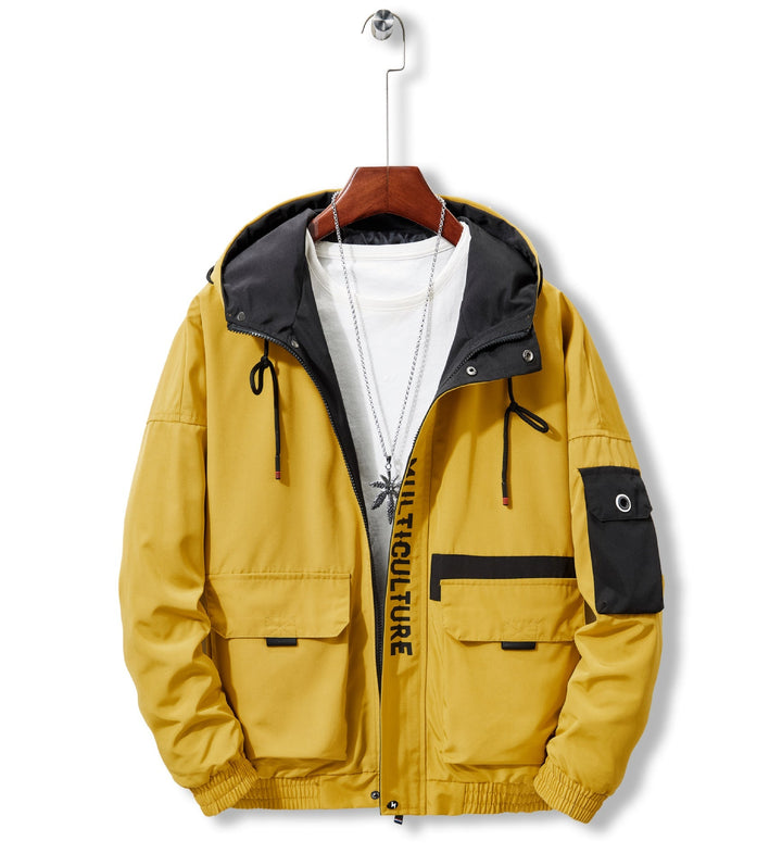 Herr Utility med Huva Shell Jacka med Multiple Fickor och Contrast Fodrad Huva