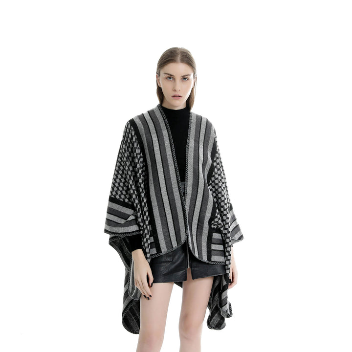 Dam jacquard woven ullblandning wrap med V-neck och graphic stripe relief