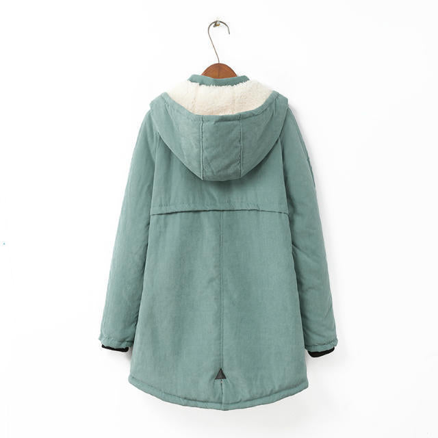 Dam vadderad vinter parka med teddy foder, huva och concealed dragkedja placket