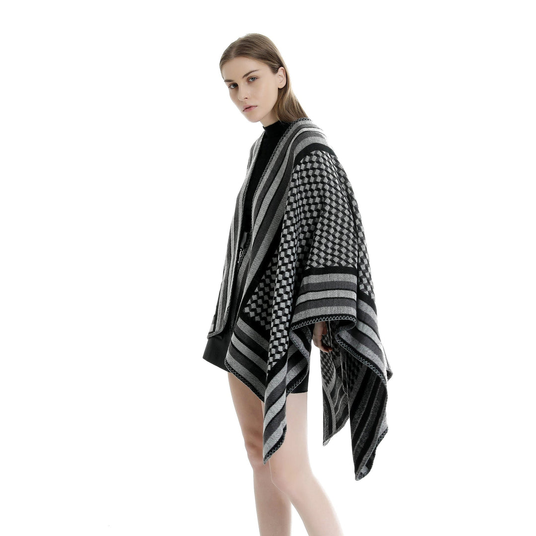 Dam jacquard woven ullblandning wrap med V-neck och graphic stripe relief