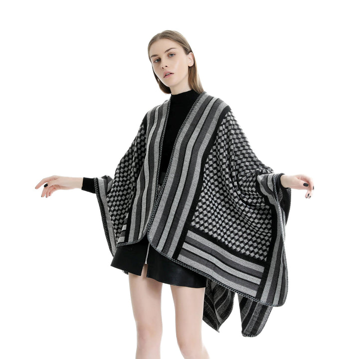 Dam jacquard woven ullblandning wrap med V-neck och graphic stripe relief
