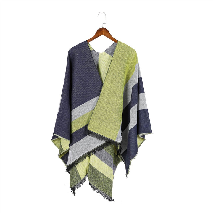 Dam Oversize Wrap Ruana i Diagonal Stripes med Fringe Edging
