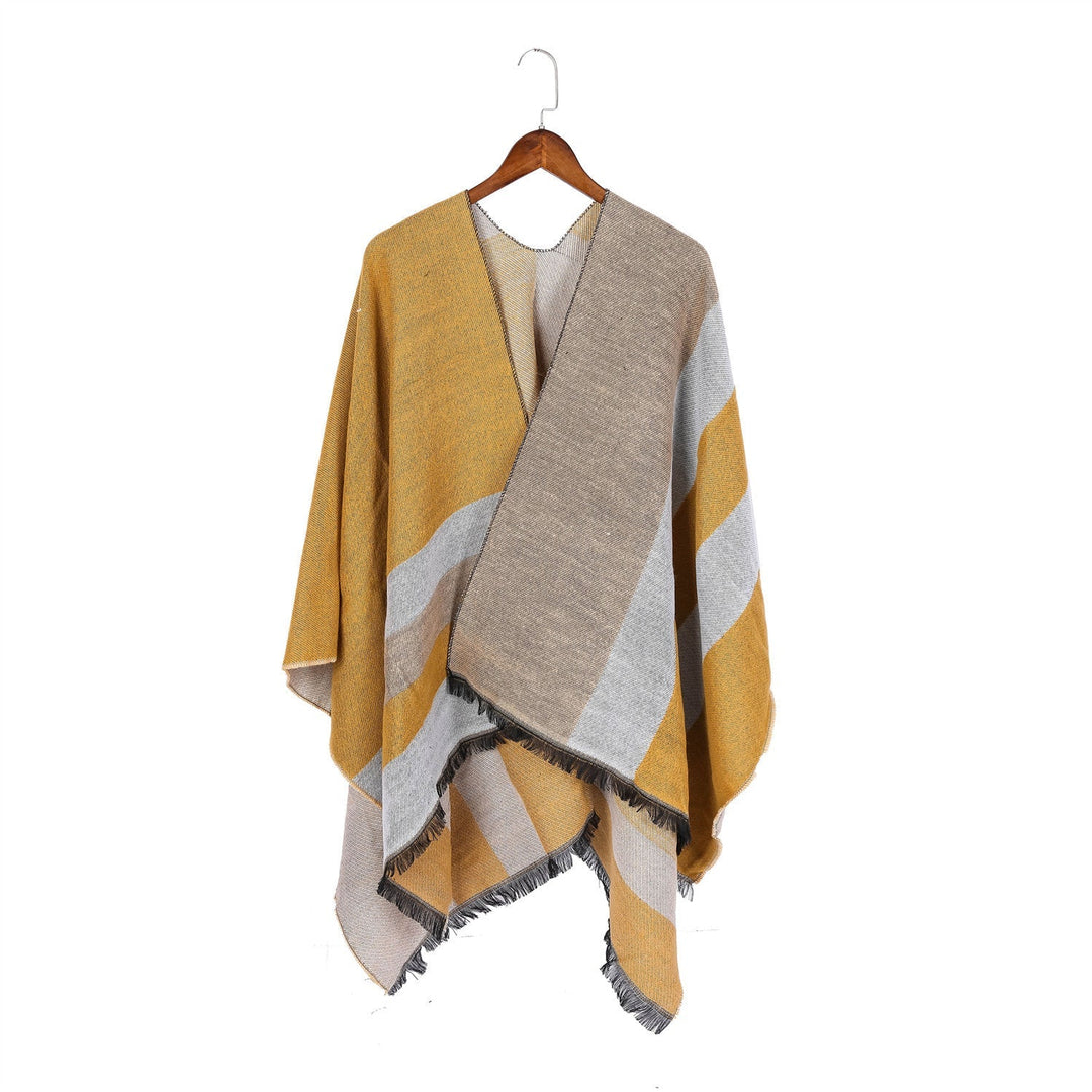 Dam Oversize Wrap Ruana i Diagonal Stripes med Fringe Edging