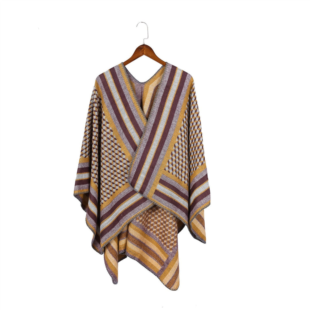 Dam jacquard woven ullblandning wrap med V-neck och graphic stripe relief