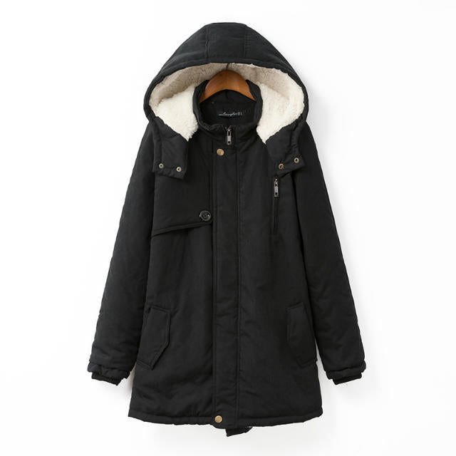 Dam vadderad vinter parka med teddy foder, huva och concealed dragkedja placket