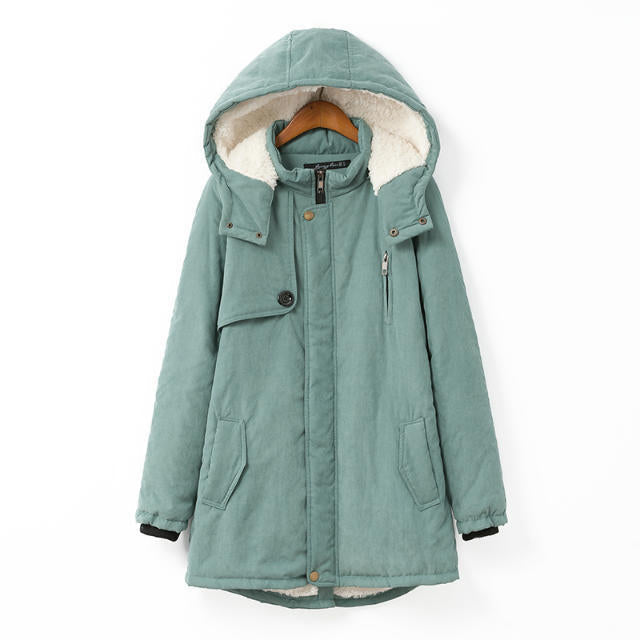 Dam vadderad vinter parka med teddy foder, huva och concealed dragkedja placket