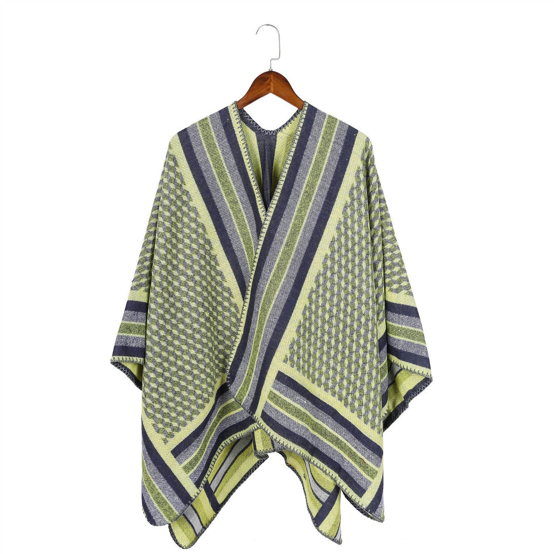 Dam jacquard woven ullblandning wrap med V-neck och graphic stripe relief