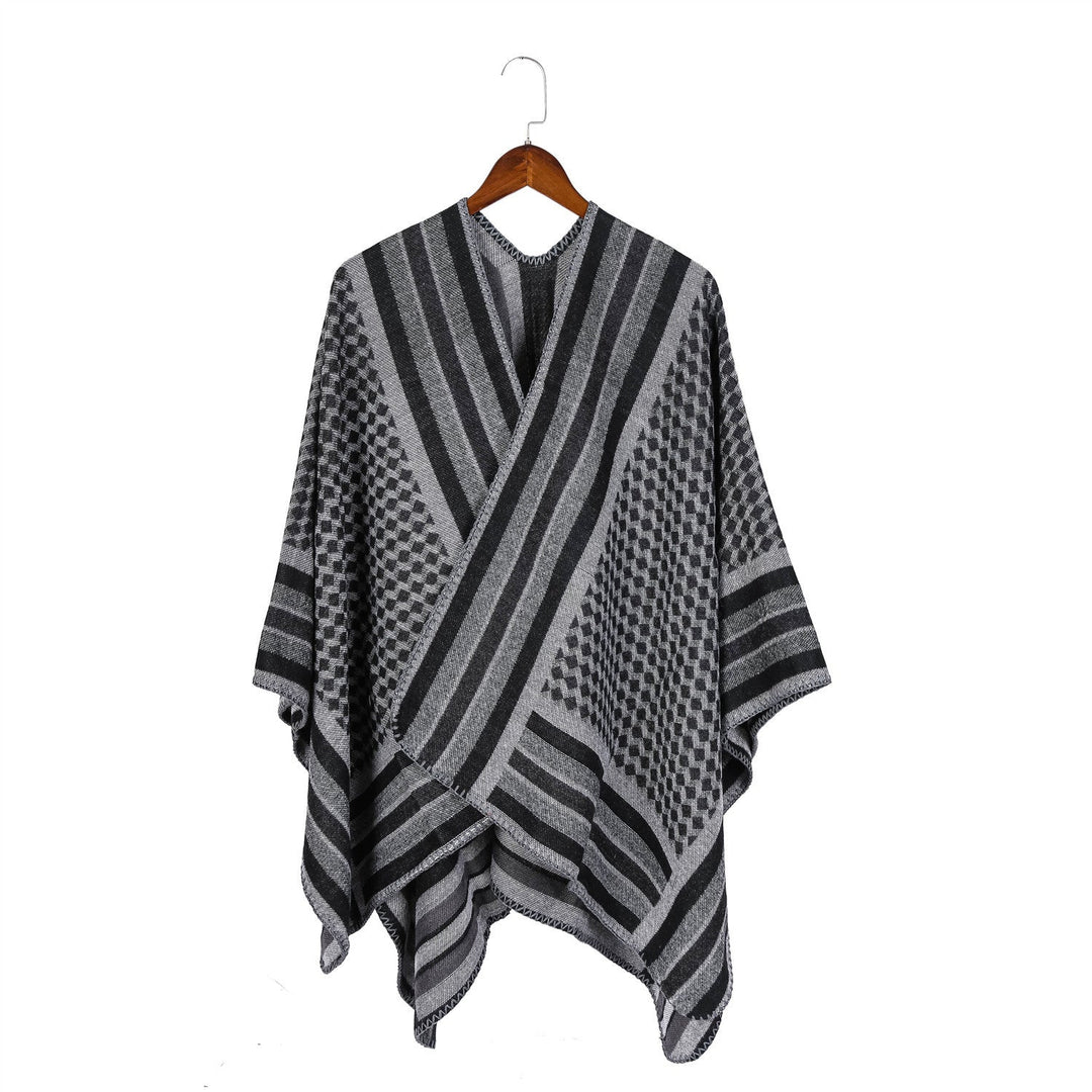 Dam jacquard woven ullblandning wrap med V-neck och graphic stripe relief