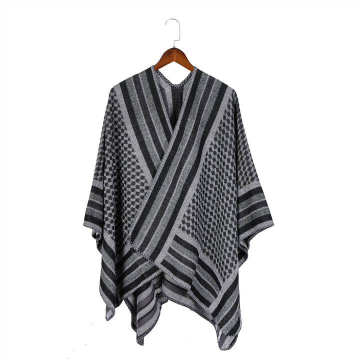 Dam jacquard woven ullblandning wrap med V-neck och graphic stripe relief