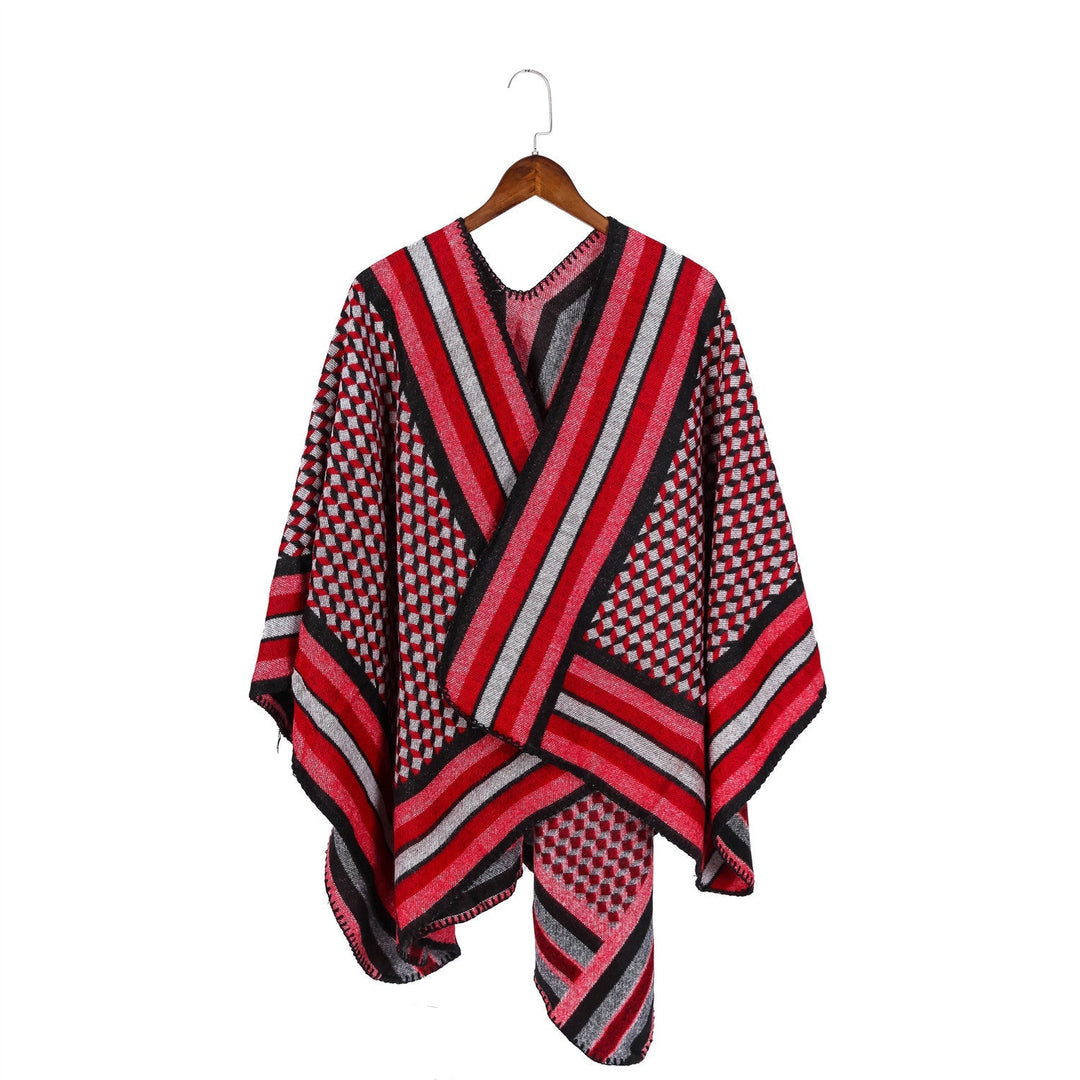 Dam jacquard woven ullblandning wrap med V-neck och graphic stripe relief