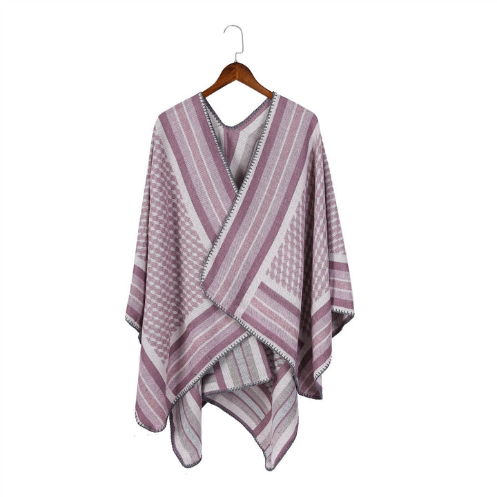 Dam jacquard woven ullblandning wrap med V-neck och graphic stripe relief