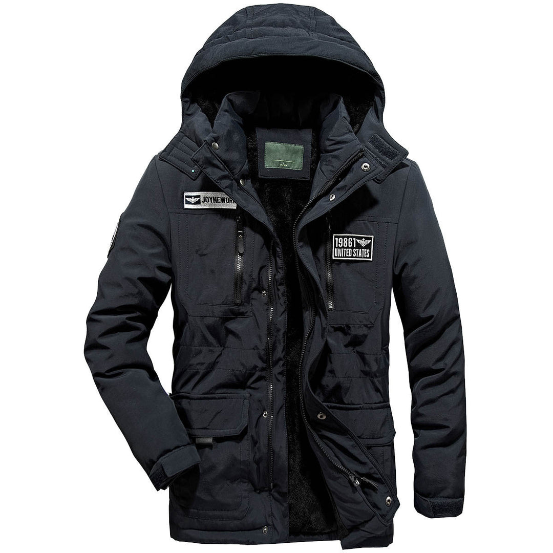 Herr militär funktionell parka med teddyfoder, huva, och flera fickor
