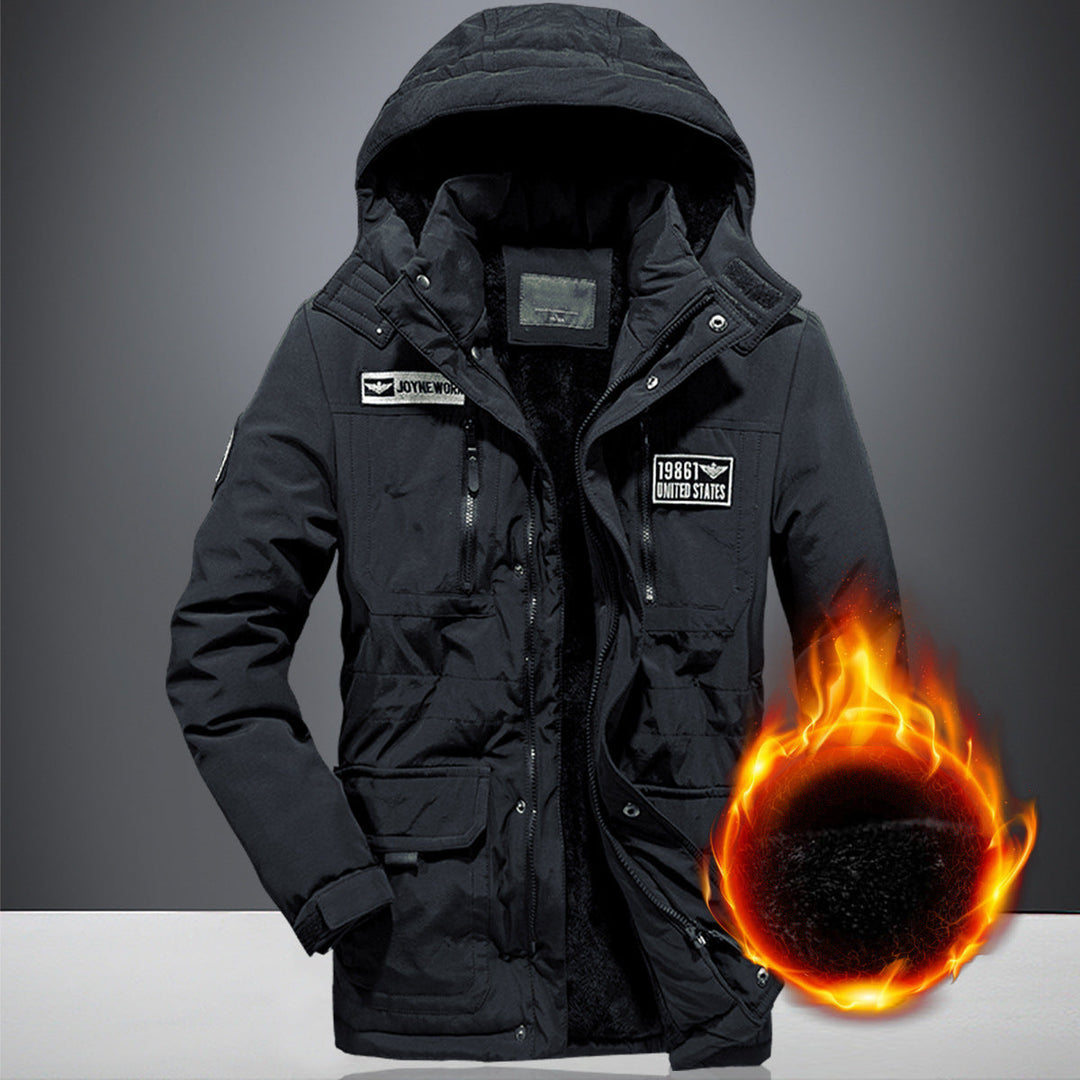 Herr militär funktionell parka med teddyfoder, huva, och flera fickor