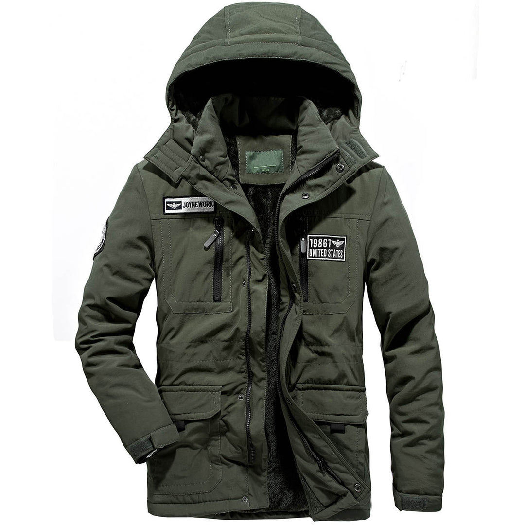 Herr militär funktionell parka med teddyfoder, huva, och flera fickor