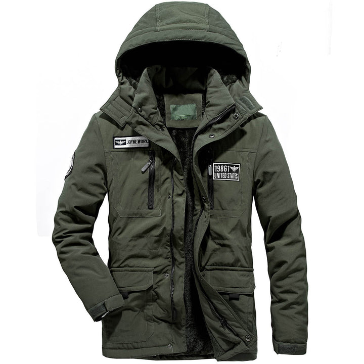 Herr militär funktionell parka med teddyfoder, huva, och flera fickor