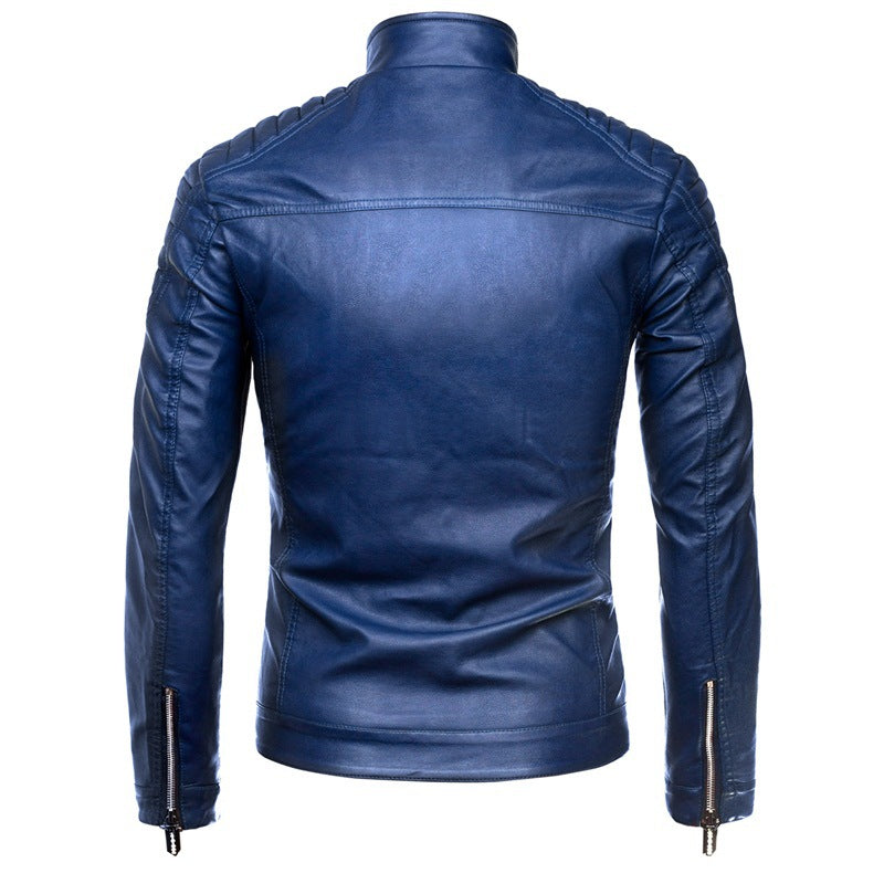 Herr Slim-Fit Konstläder Motorcycle Jacka med Quiltad Axlar och Ståkrage