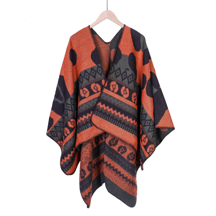 Dam Jacquard Ruana poncho med Ethno Jacquard och open oversized fall
