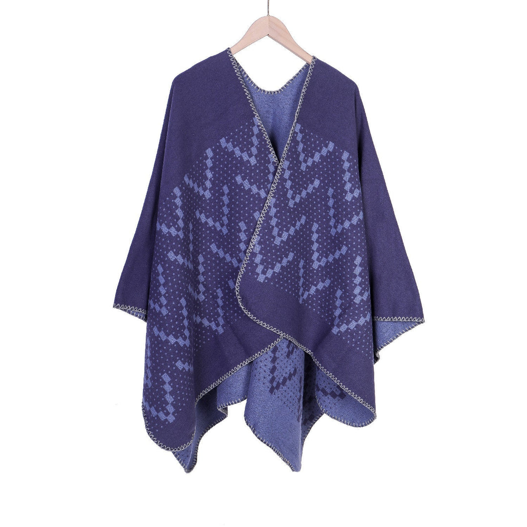 Dam jacquard wrap ruana med geometric mönster och open kimono silhuett