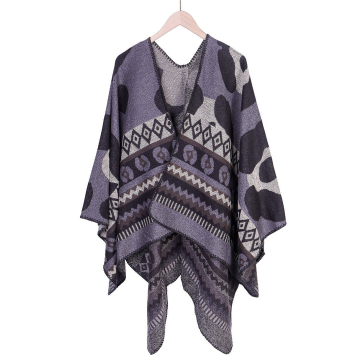 Dam Jacquard Ruana poncho med Ethno Jacquard och open oversized fall