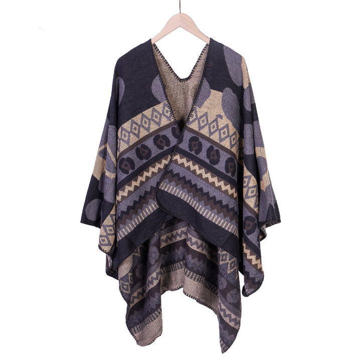 Dam Jacquard Ruana poncho med Ethno Jacquard och open oversized fall